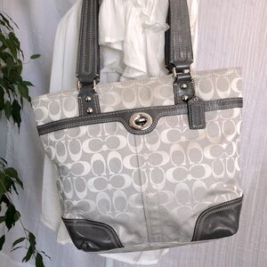 COACH Hampton Signature Silver Jacquard snap satchel purse small tote